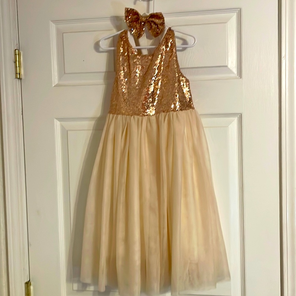 Rose gold and off white tulle dress with head band and matching shoes